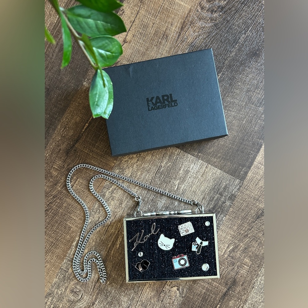 Karl Lagerfeld Minaudière Black Box Crossbody with Silver Chain and Enamel Pins